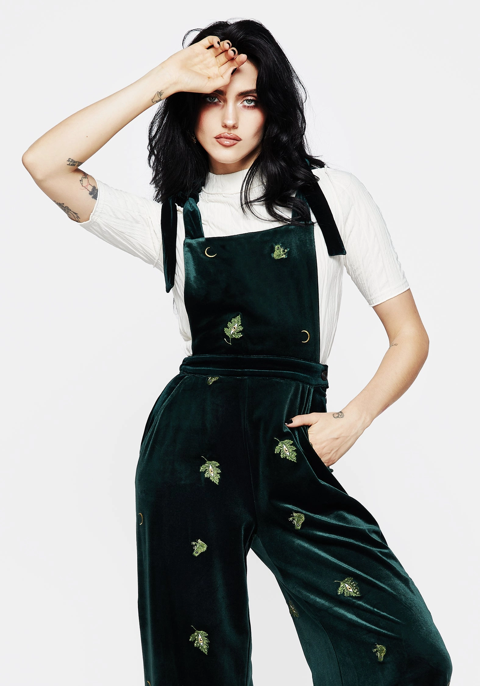 Swamplife Frog Embroidered Velour Wide Leg Dungarees Soft Performance Low Profile Fasteners