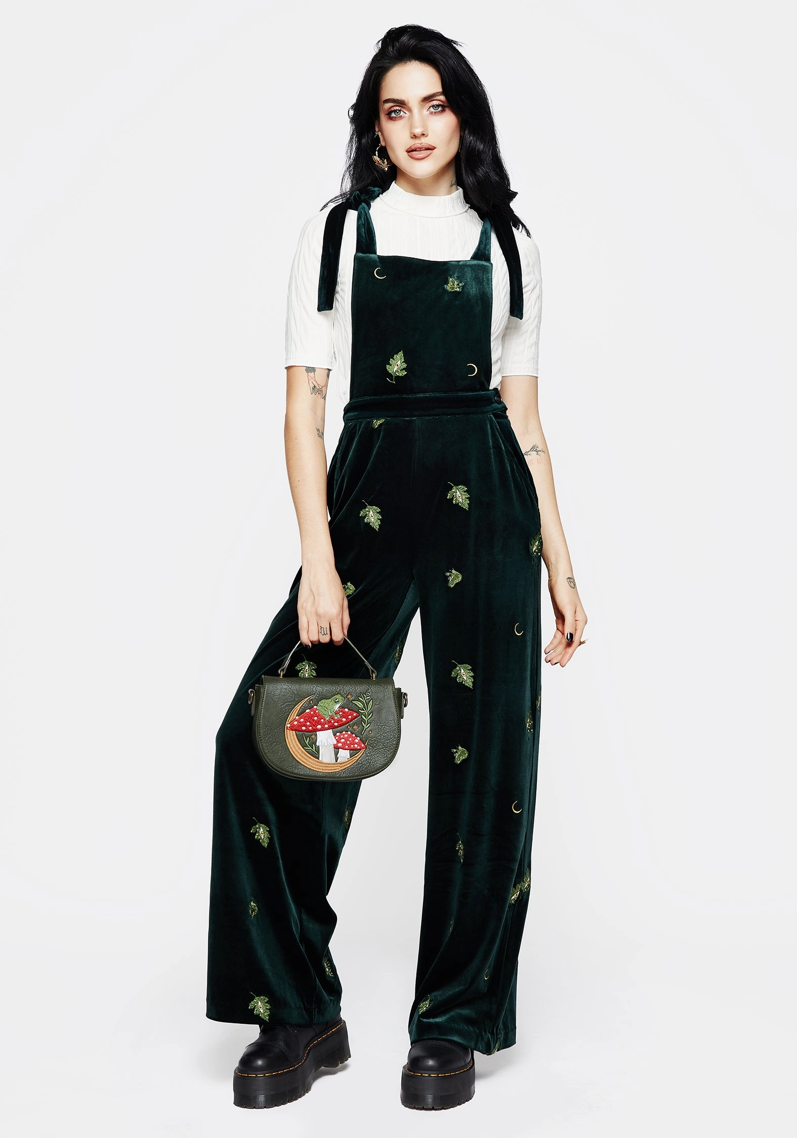 Organic Cotton Swamplife Frog Embroidered Velour Wide Leg Dungarees