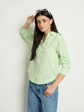 Trendy Look Madame Floral Embroidery Green Cotton Shirt