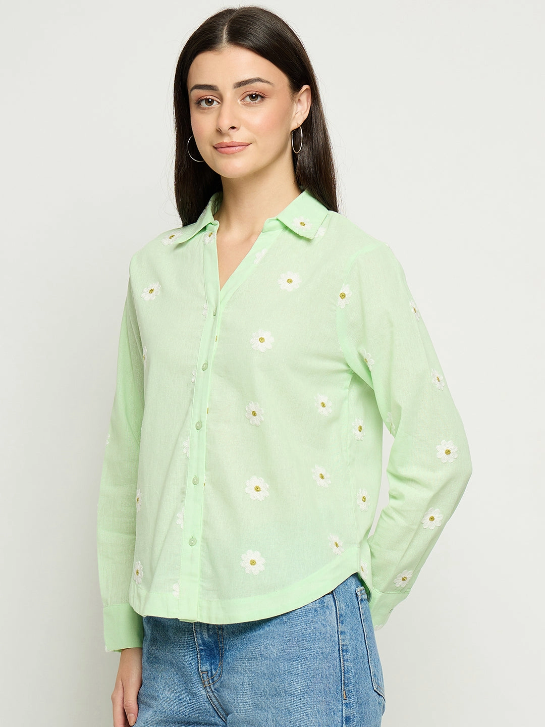 Linen blend Madame Floral Embroidery Green Cotton Shirt