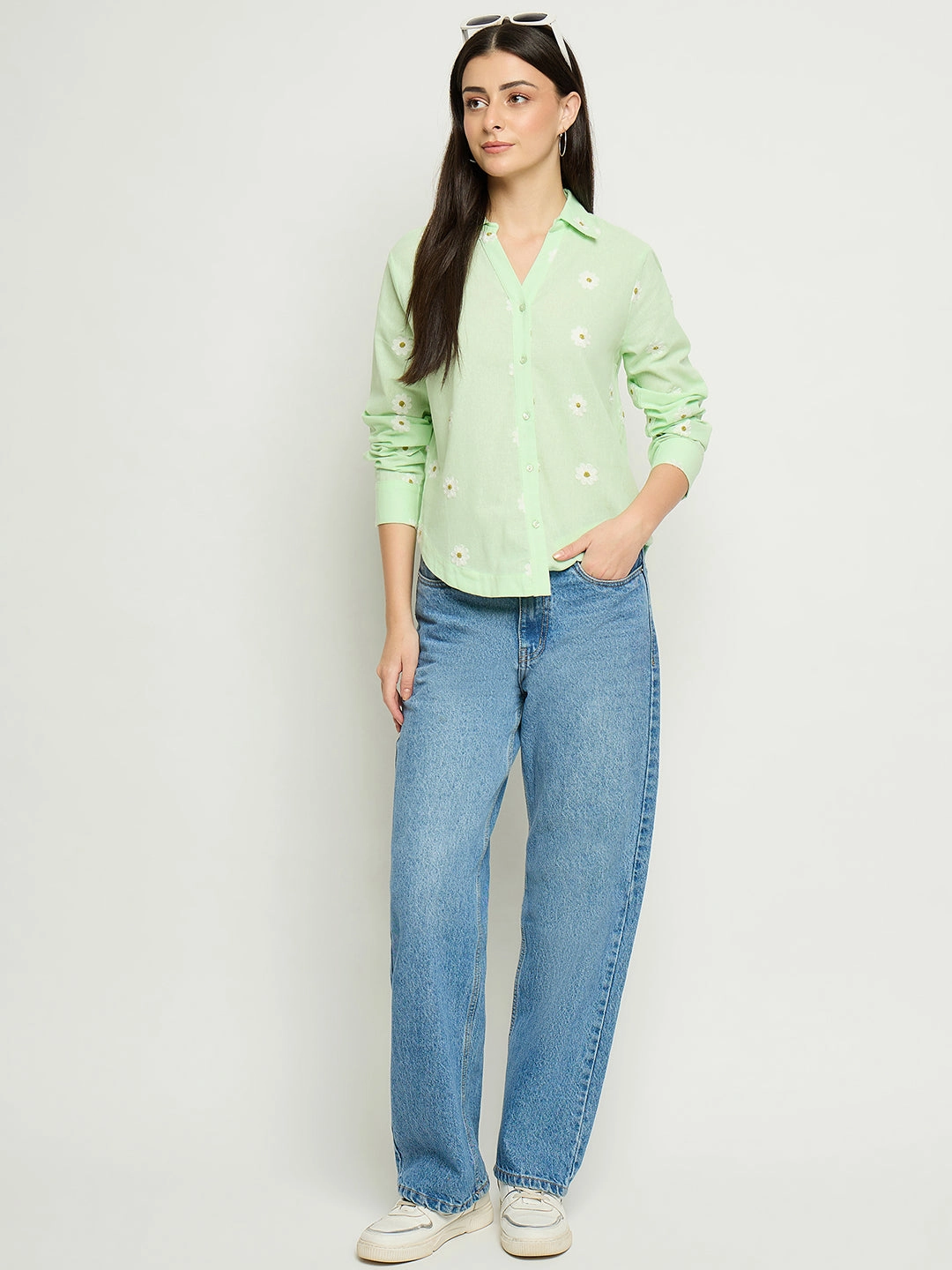 Madame Floral Embroidery Green Cotton Shirt Year-Round Favorite