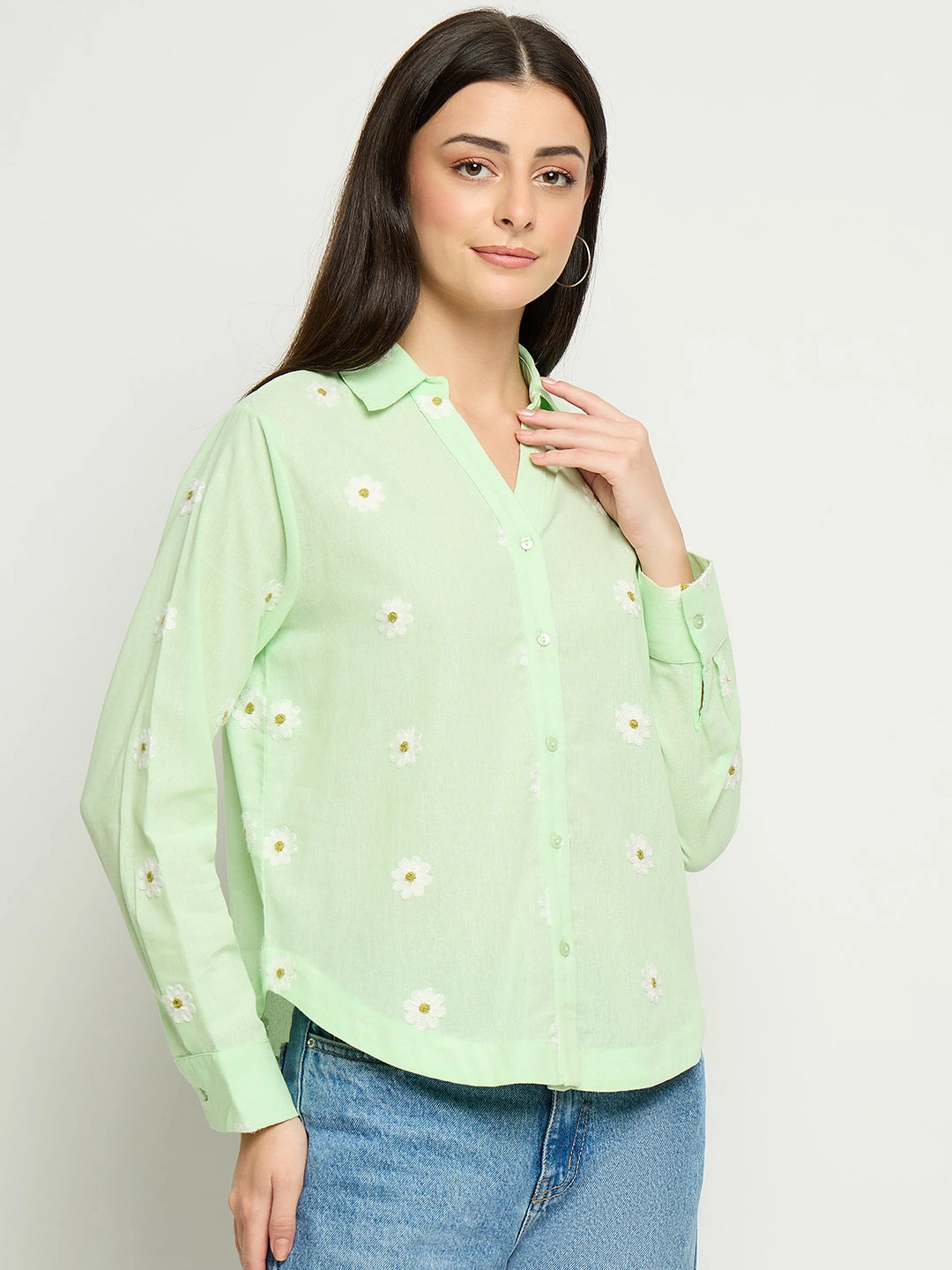 Unmatched comfort Dressy look Madame Floral Embroidery Green Cotton Shirt