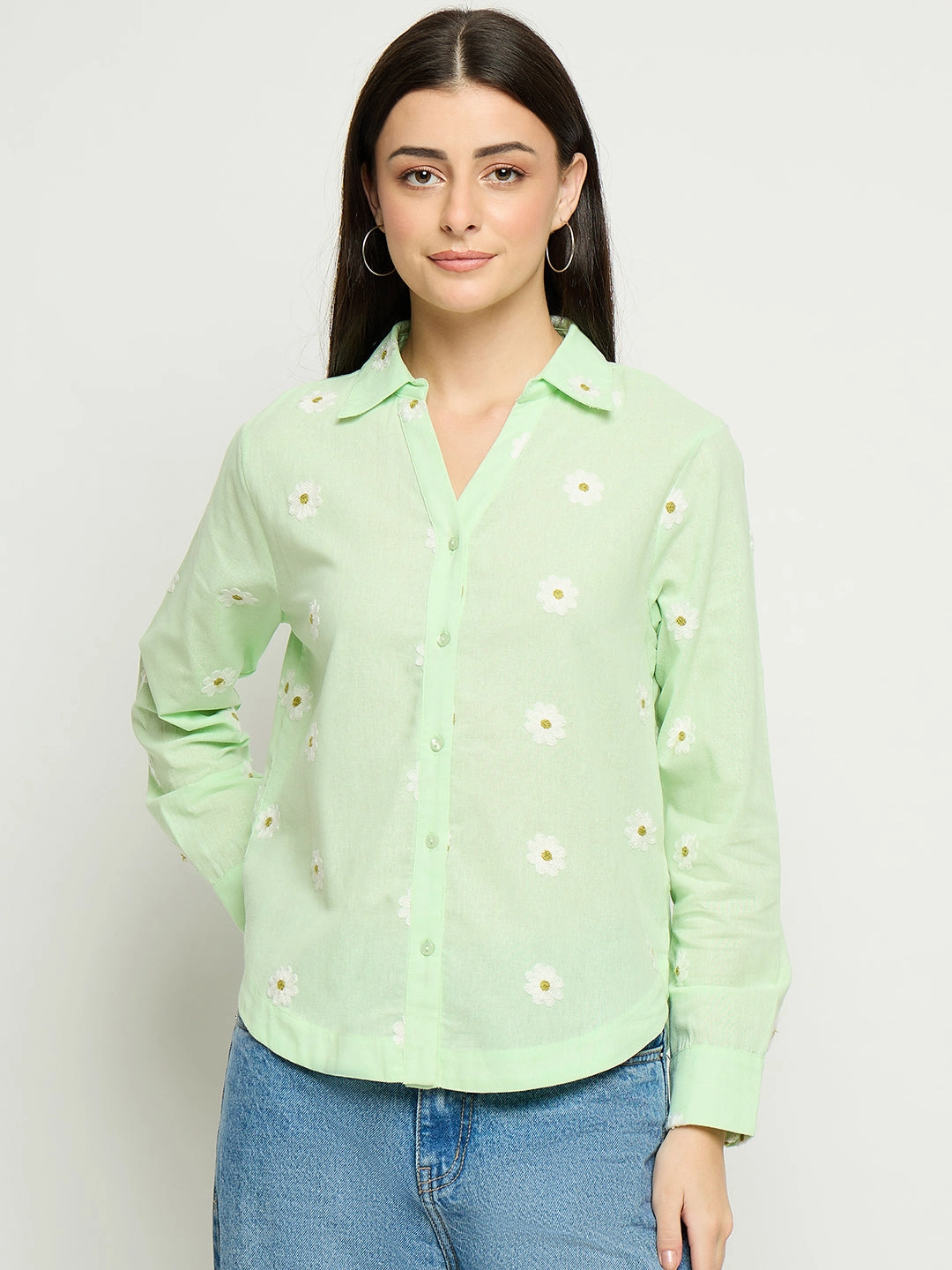 Preppy Vibe All-Occasion Wear Madame Floral Embroidery Green Cotton Shirt