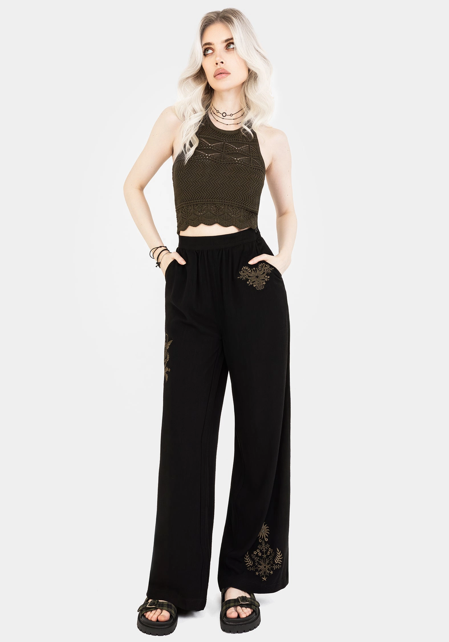 Go Anywhere Ultimate Wear Foliate Linen-Blend Embroidered Wide Leg Trousers - Black