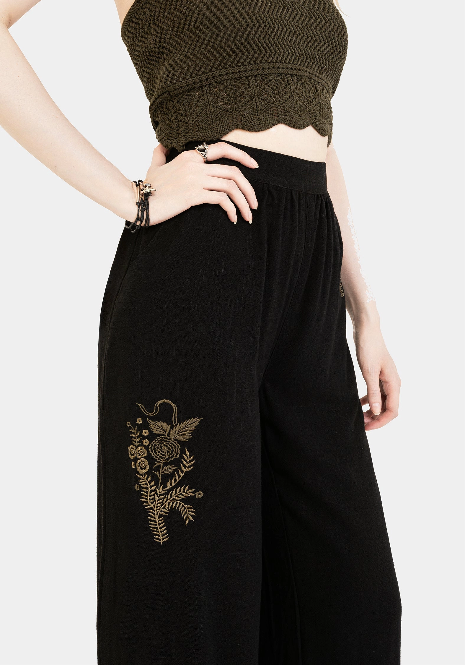 Foliate Linen-Blend Embroidered Wide Leg Trousers - Black Bonded Seam Technology