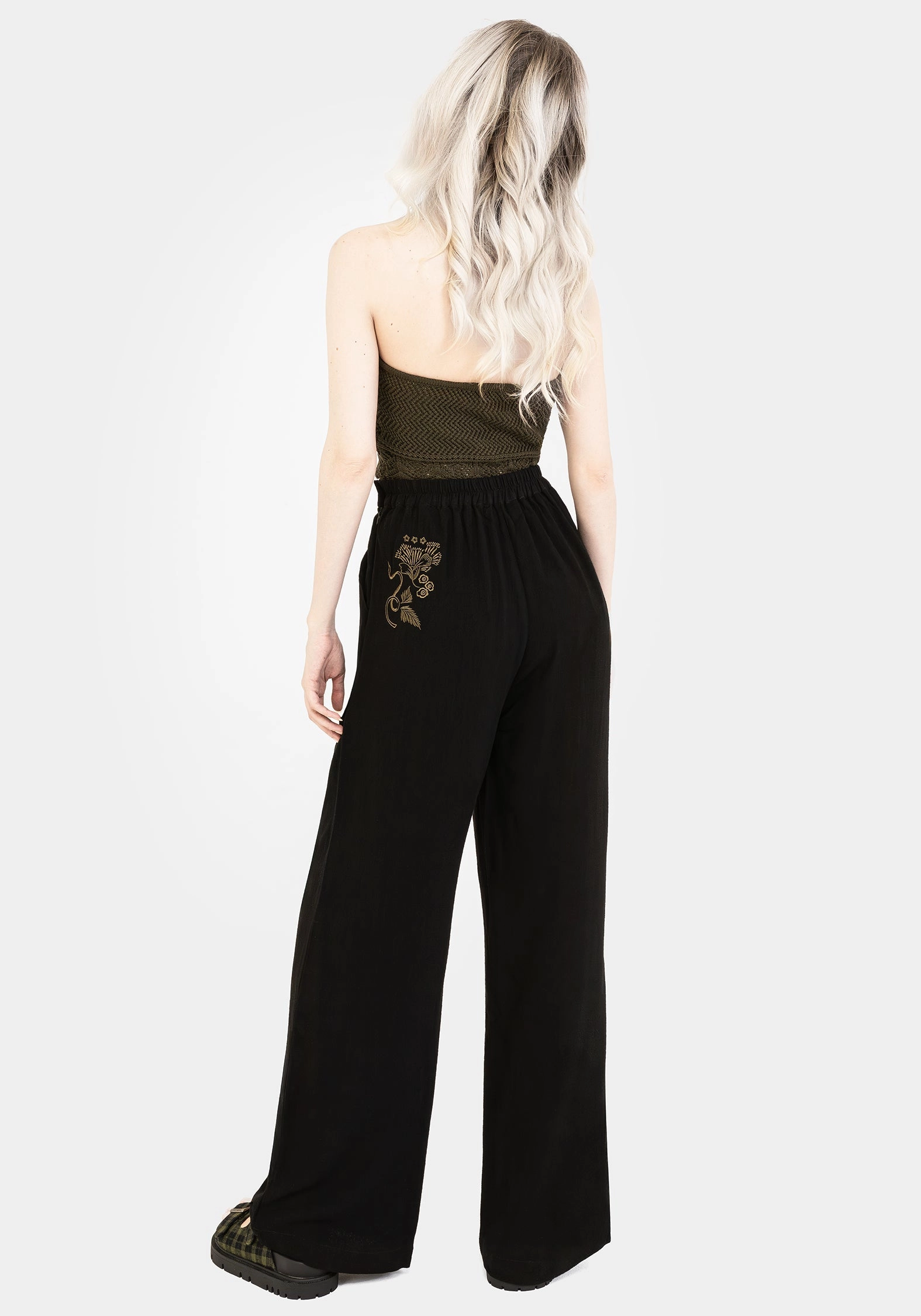 Body Contour Foliate Linen-Blend Embroidered Wide Leg Trousers - Black