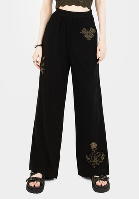 Anti Static Fabric Foliate Linen-Blend Embroidered Wide Leg Trousers - Black