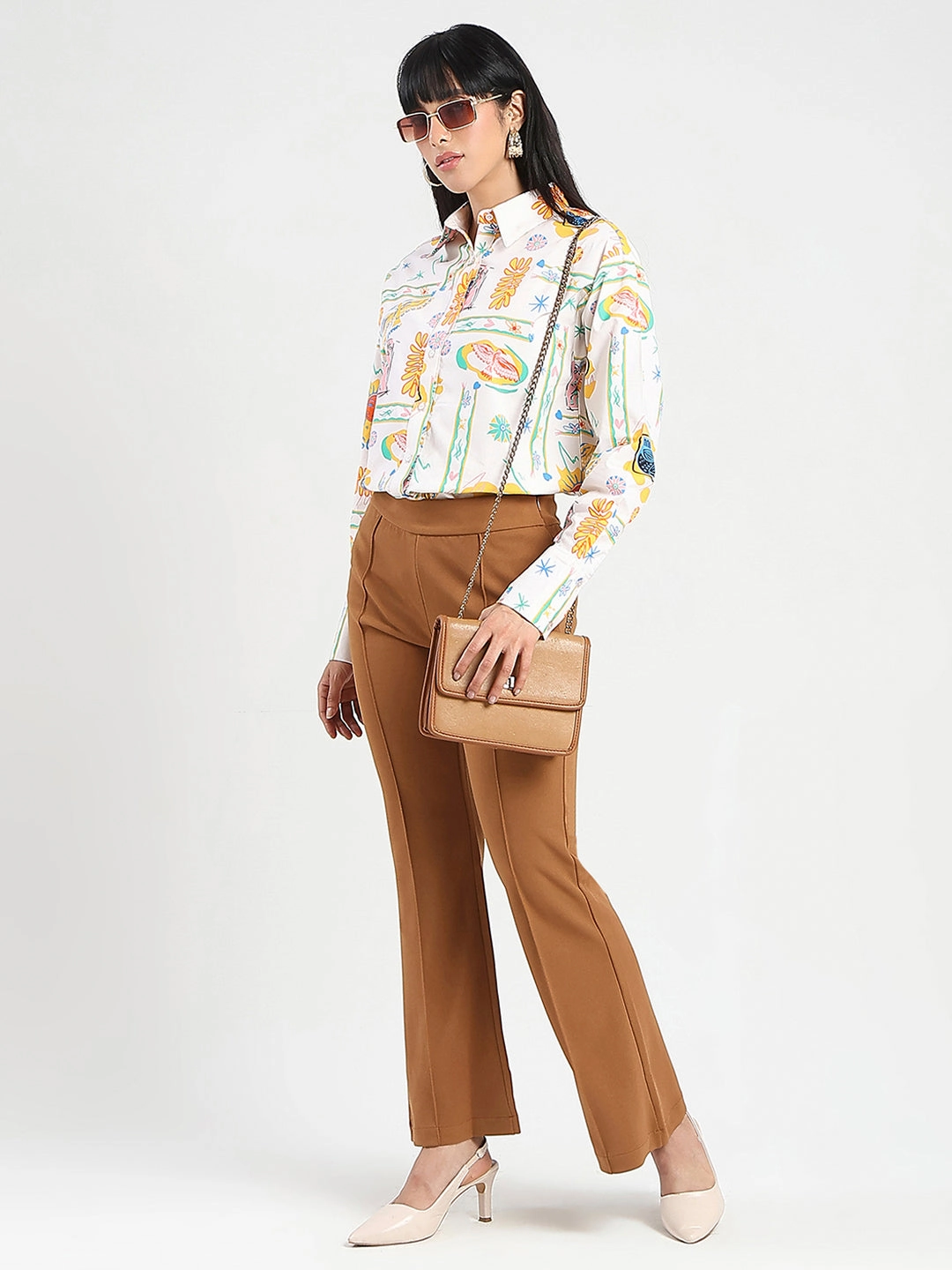 Madame All Over Print Beige Cotton Blend Shirt Workwear Option Evening Elegance