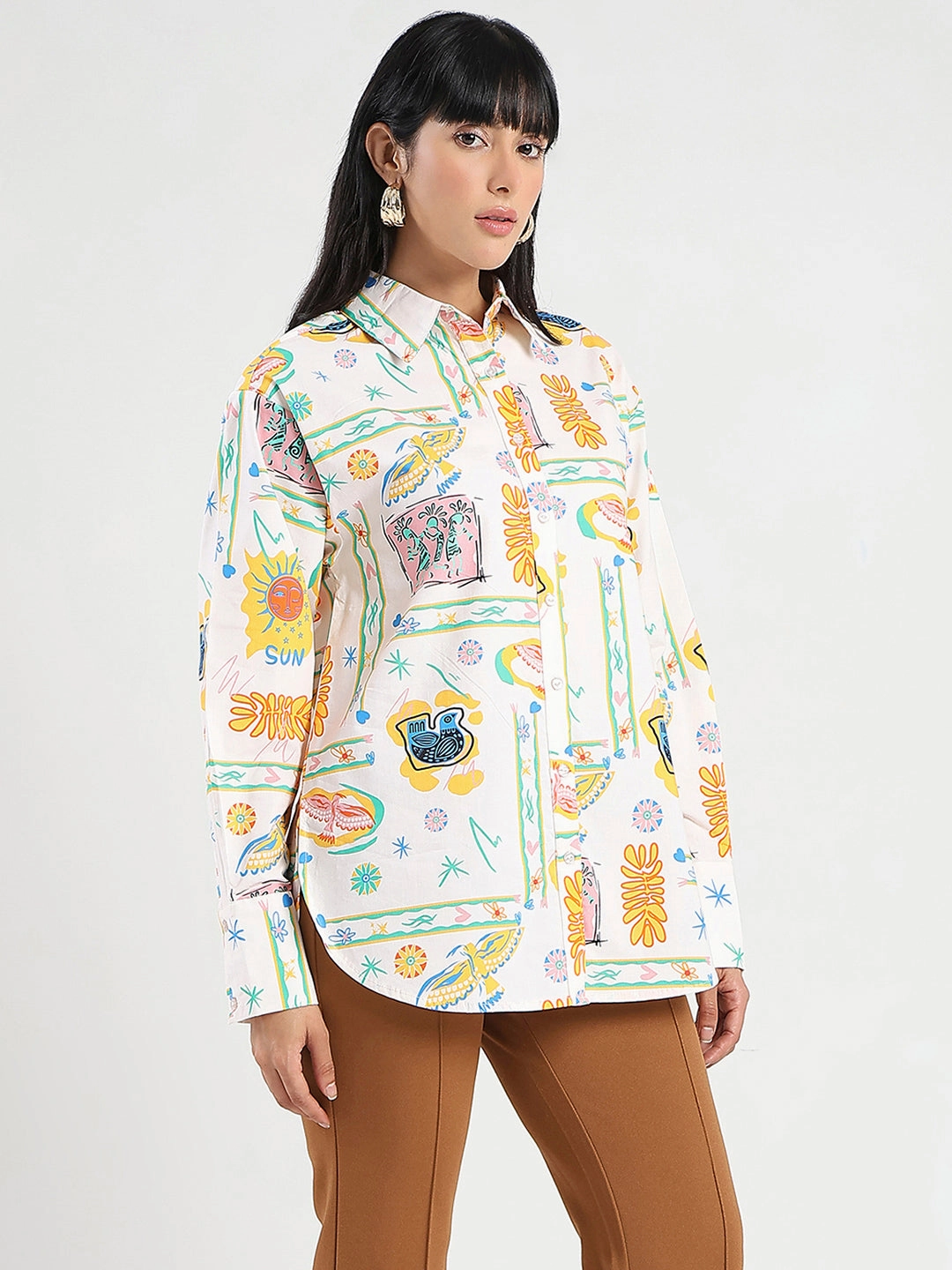 Organic Cotton youth trend Madame All Over Print Beige Cotton Blend Shirt
