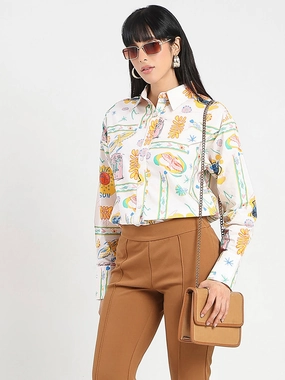 Madame All Over Print Beige Cotton Blend Shirt Soft Feel