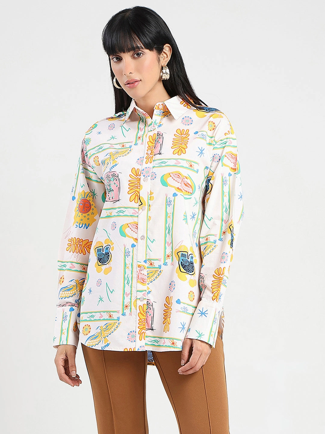 Madame All Over Print Beige Cotton Blend Shirt V-Neck