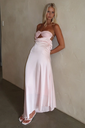 Airy Fabric Casual Smart Thora Strapless Satin Maxi Dress - Baby Pink