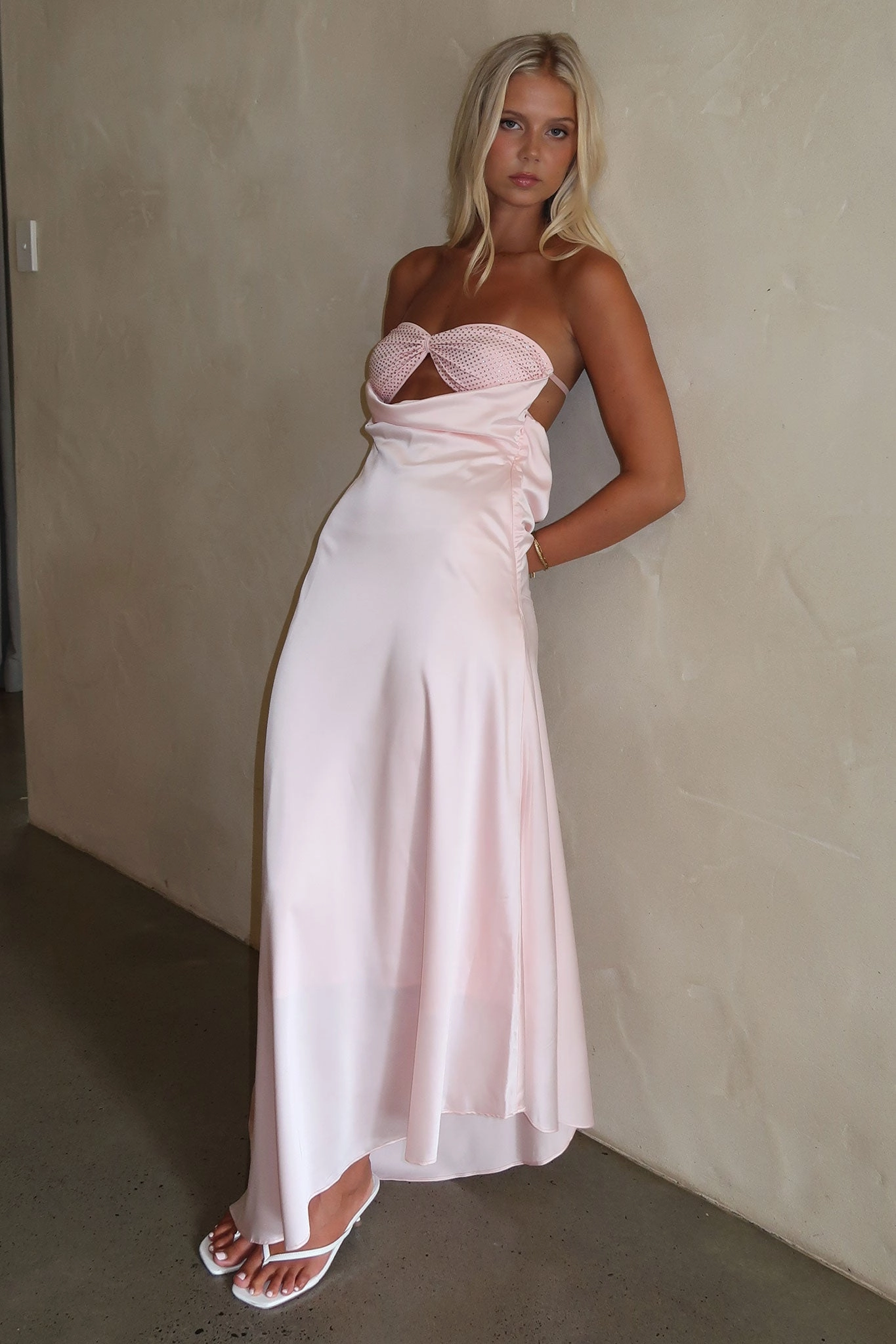 Thora Strapless Satin Maxi Dress - Baby Pink Youthful Style