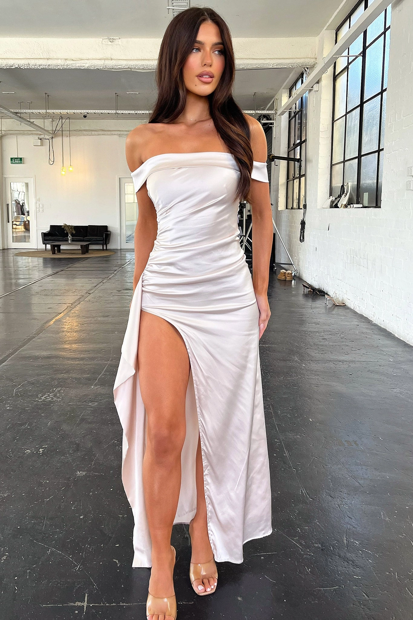 Saoirse Off Shoulder Satin Maxi Dress - Champagne Fine Texture Daily Casual