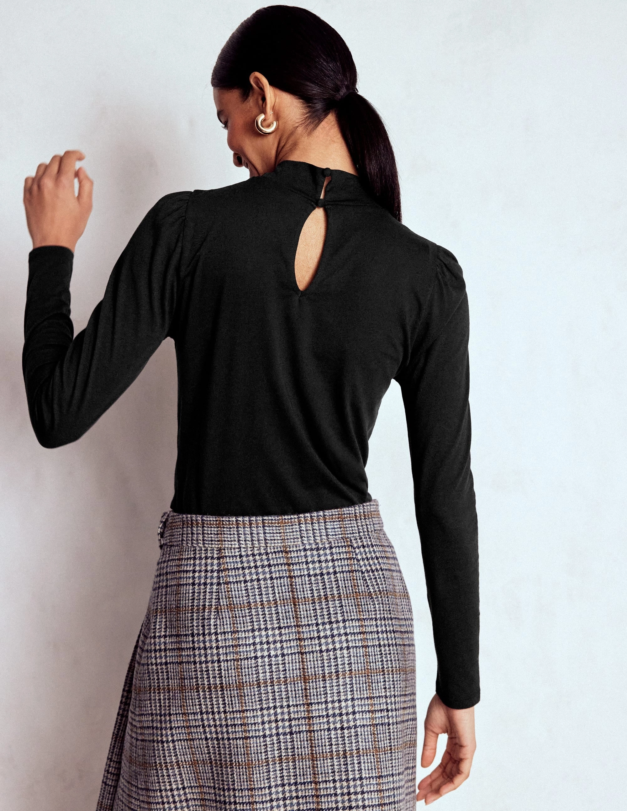 Puff Shoulder Jersey Top-Black Layered Collar System Lightweight Fabric