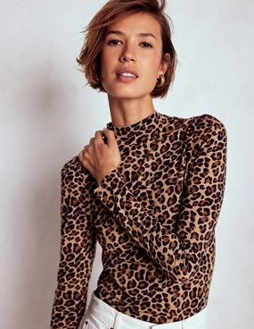 Recycled Polyester Comfort Cushion Neckline Puff Shoulder Jersey Top-Multi, Cheetah Pop