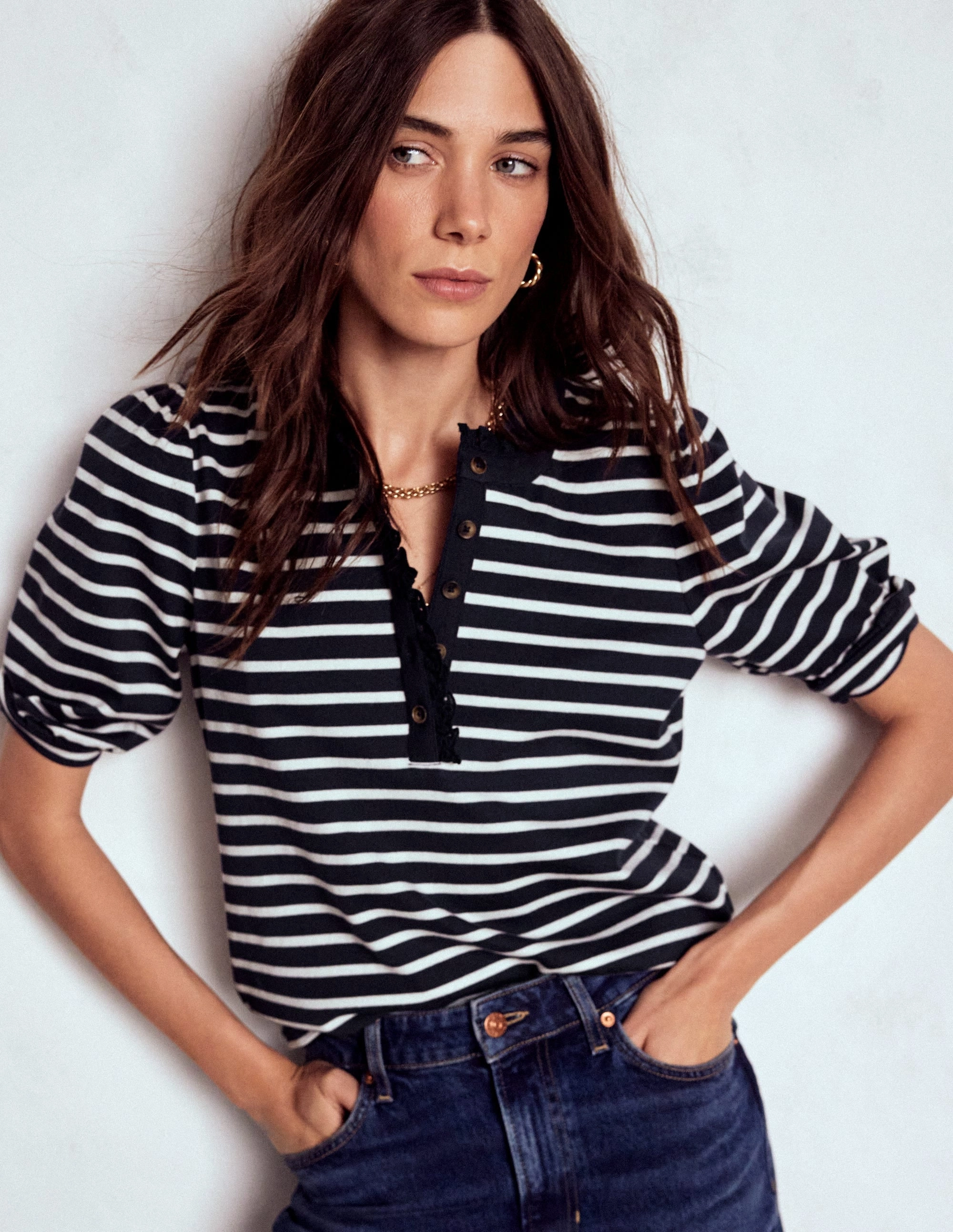 Puff Sleeve Henley-Navy, Ivory Stripe Flexible Design