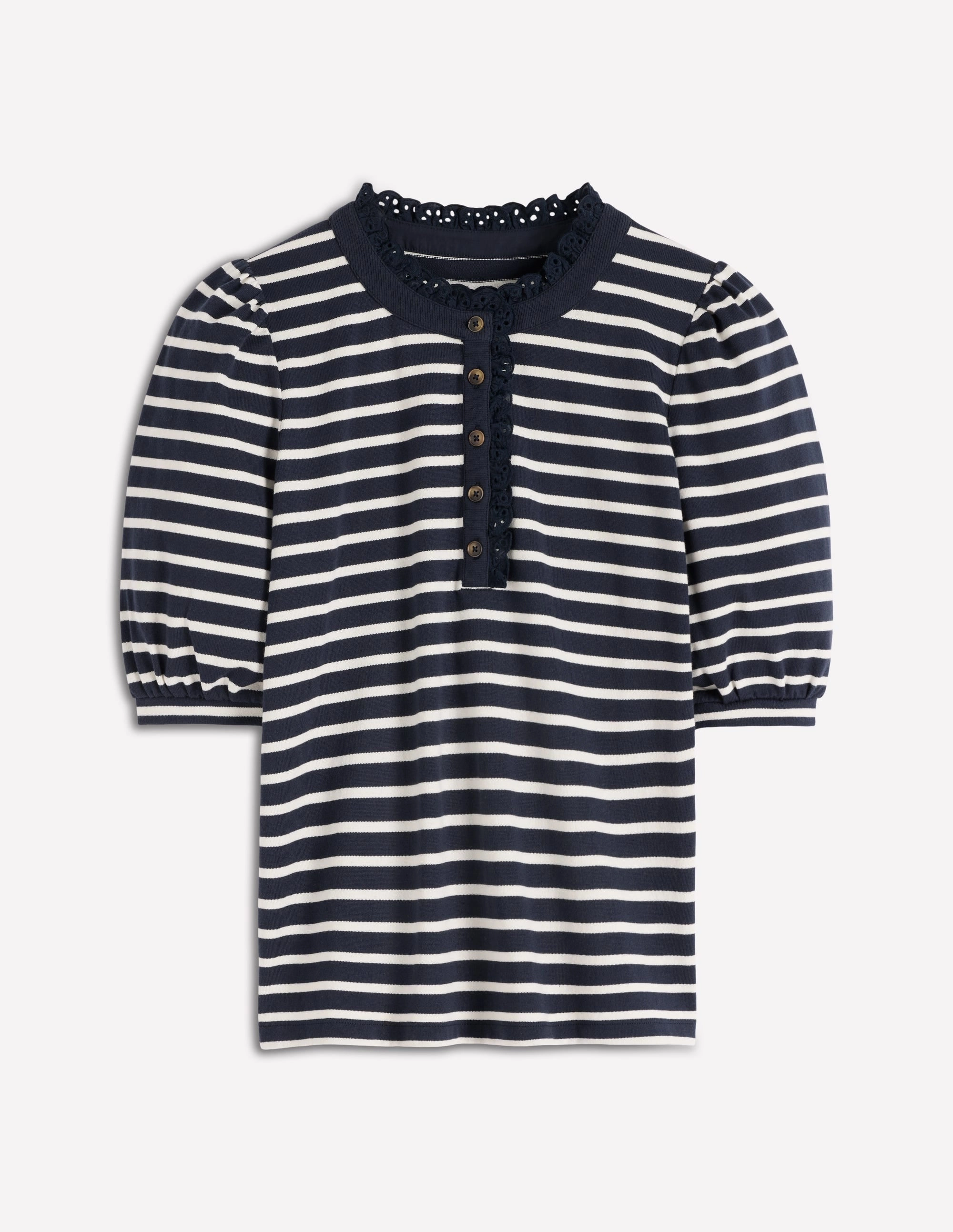3D Spacer Fabric Puff Sleeve Henley-Navy, Ivory Stripe