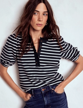 No Iron Fabric Puff Sleeve Henley-Navy, Ivory Stripe