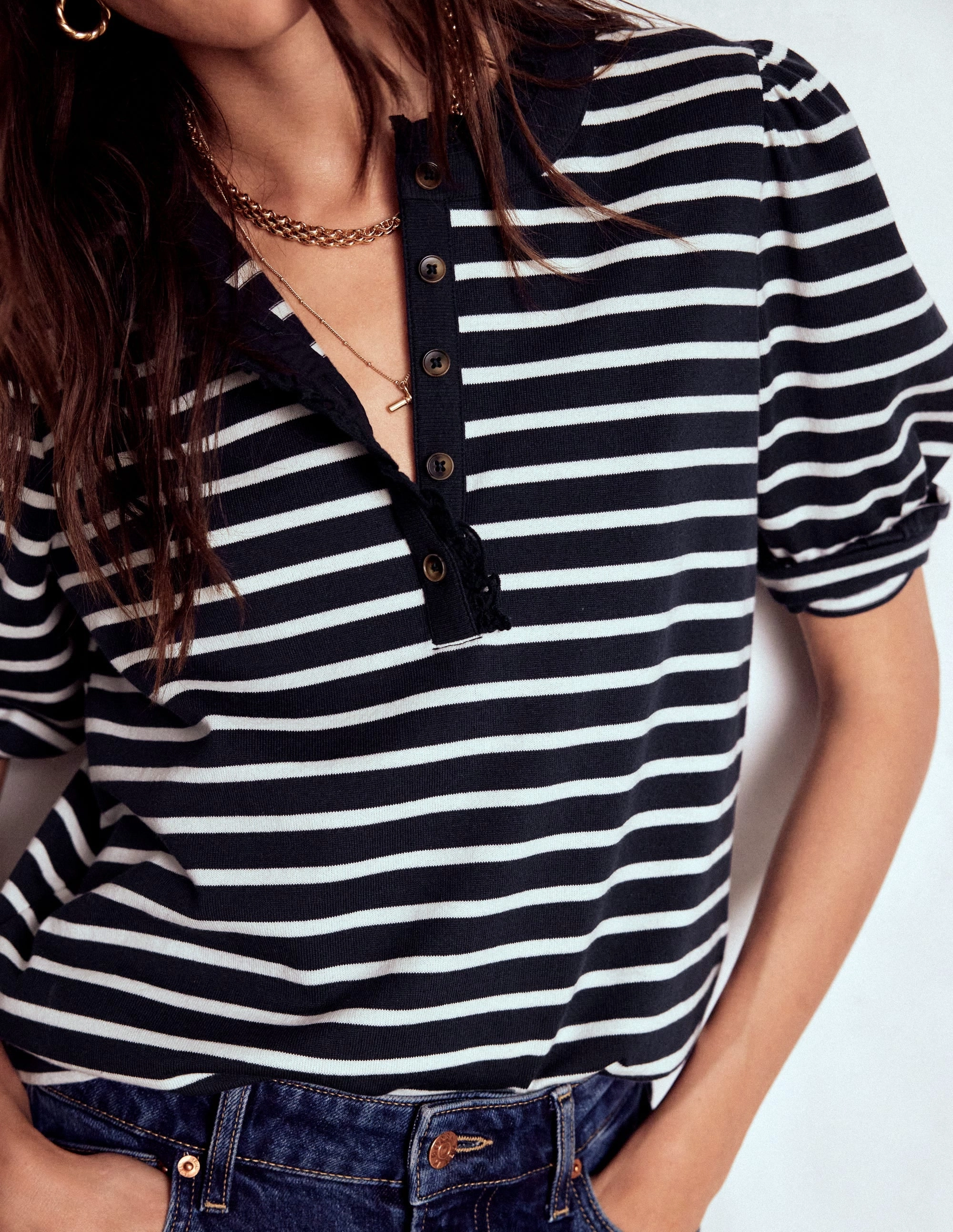 AdjustableDrawstring Trendy Cardigan Puff Sleeve Henley-Navy, Ivory Stripe