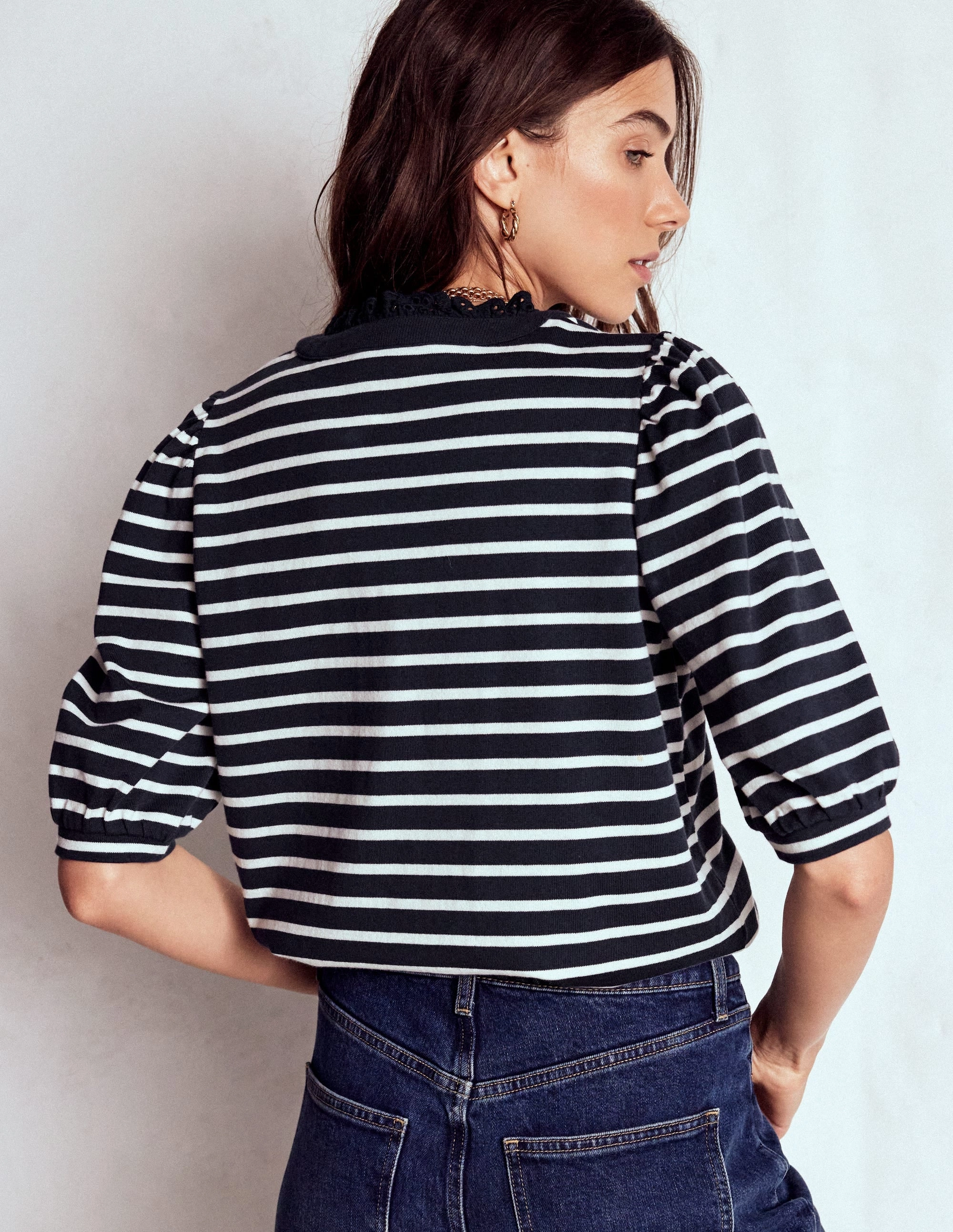Puff Sleeve Henley-Navy, Ivory Stripe Lightweight Jacket All-Purpose Wear