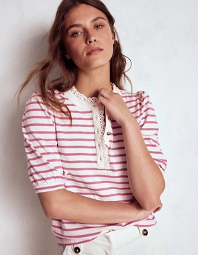 Active Design DurableStitching Puff Sleeve Henley-Pink Heather, Ivory Stripe
