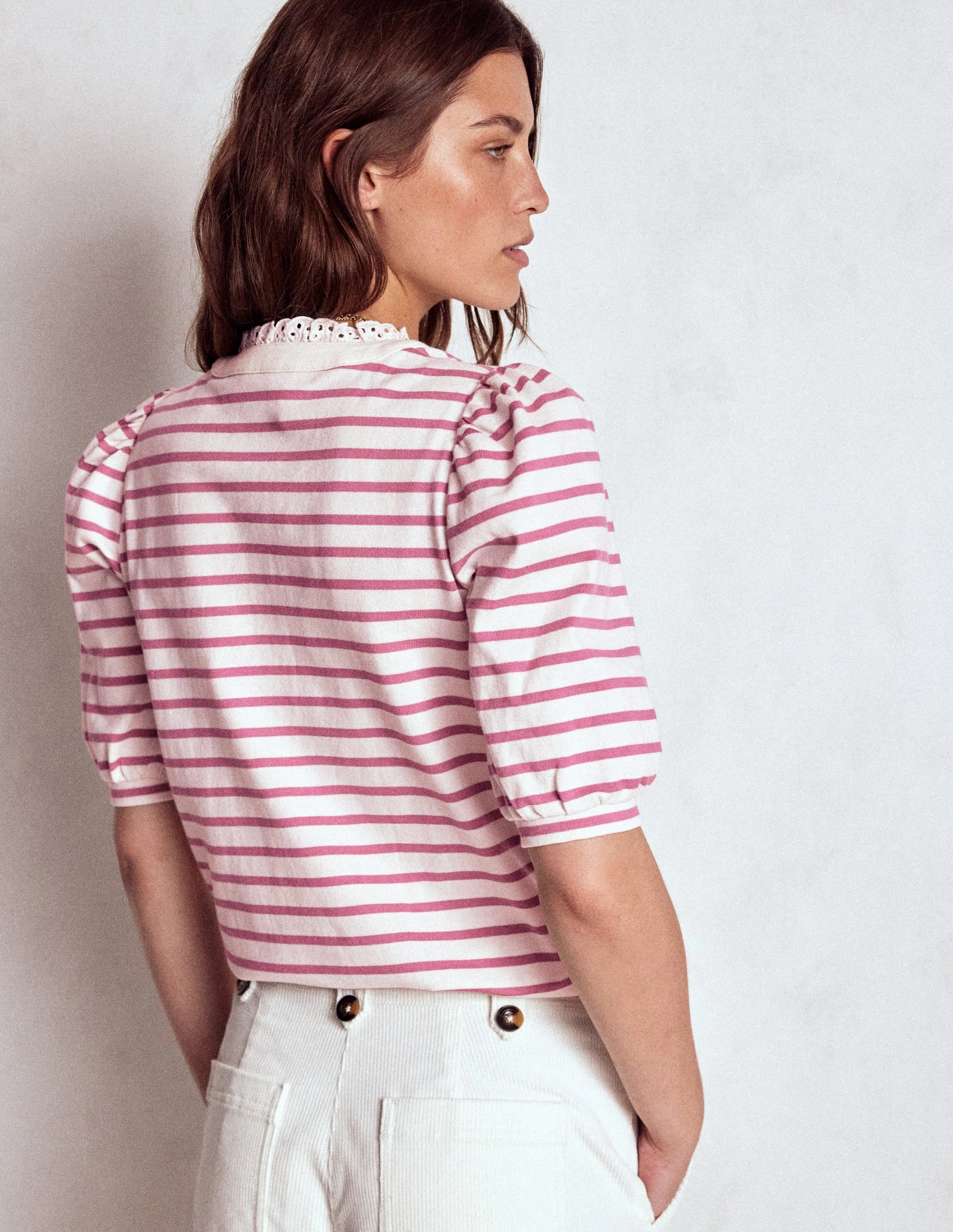 Antimicrobial Finish Puff Sleeve Henley-Pink Heather, Ivory Stripe