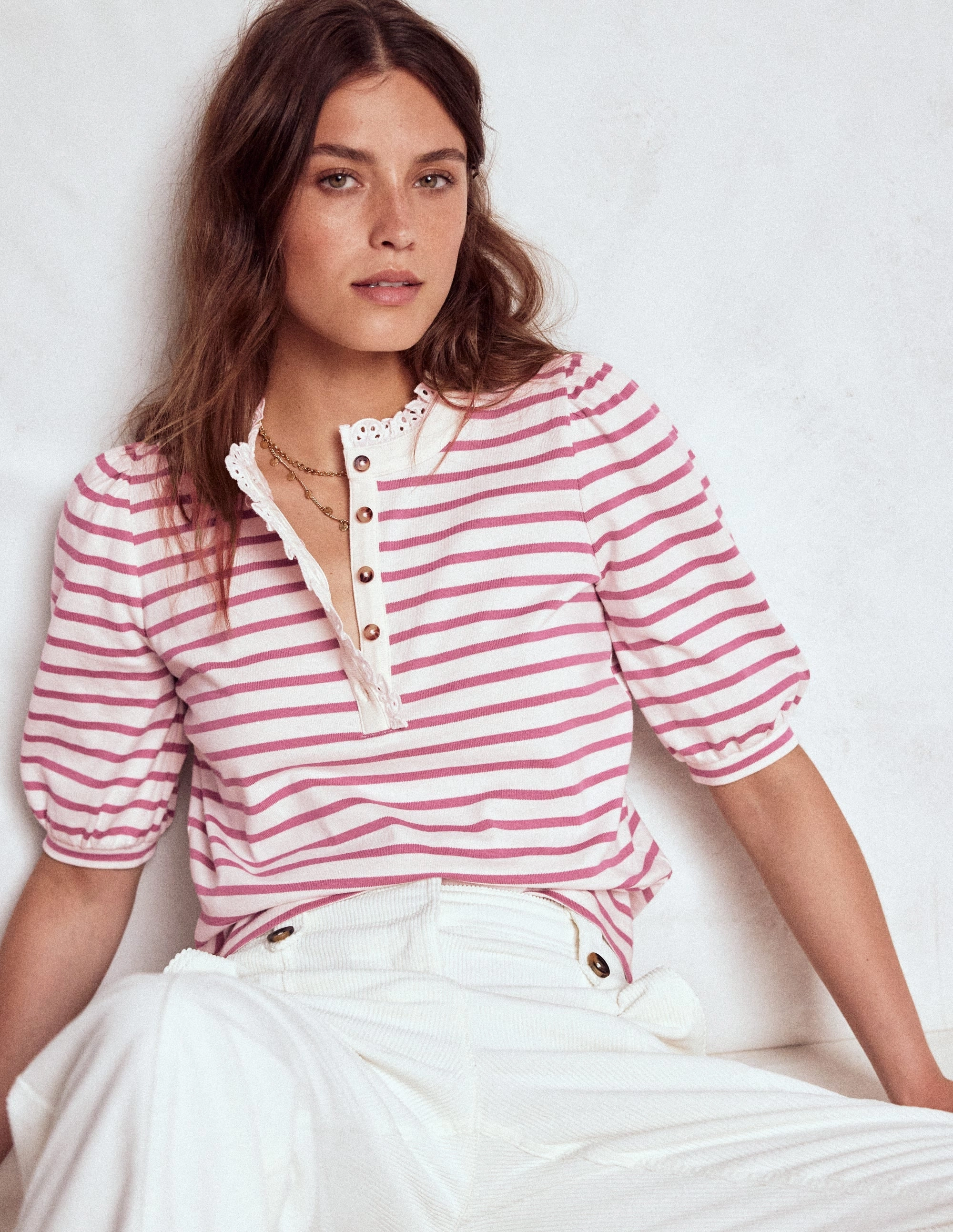 Puff Sleeve Henley-Pink Heather, Ivory Stripe Soft Touch Fabric OrganicCottonBlend