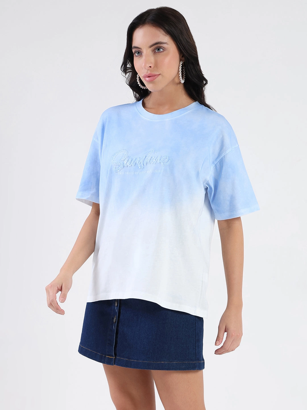 High Durability Weave Affordable accessibility Madame Ombre Loose Fit Sky Blue Oversize Cotton T-shirt