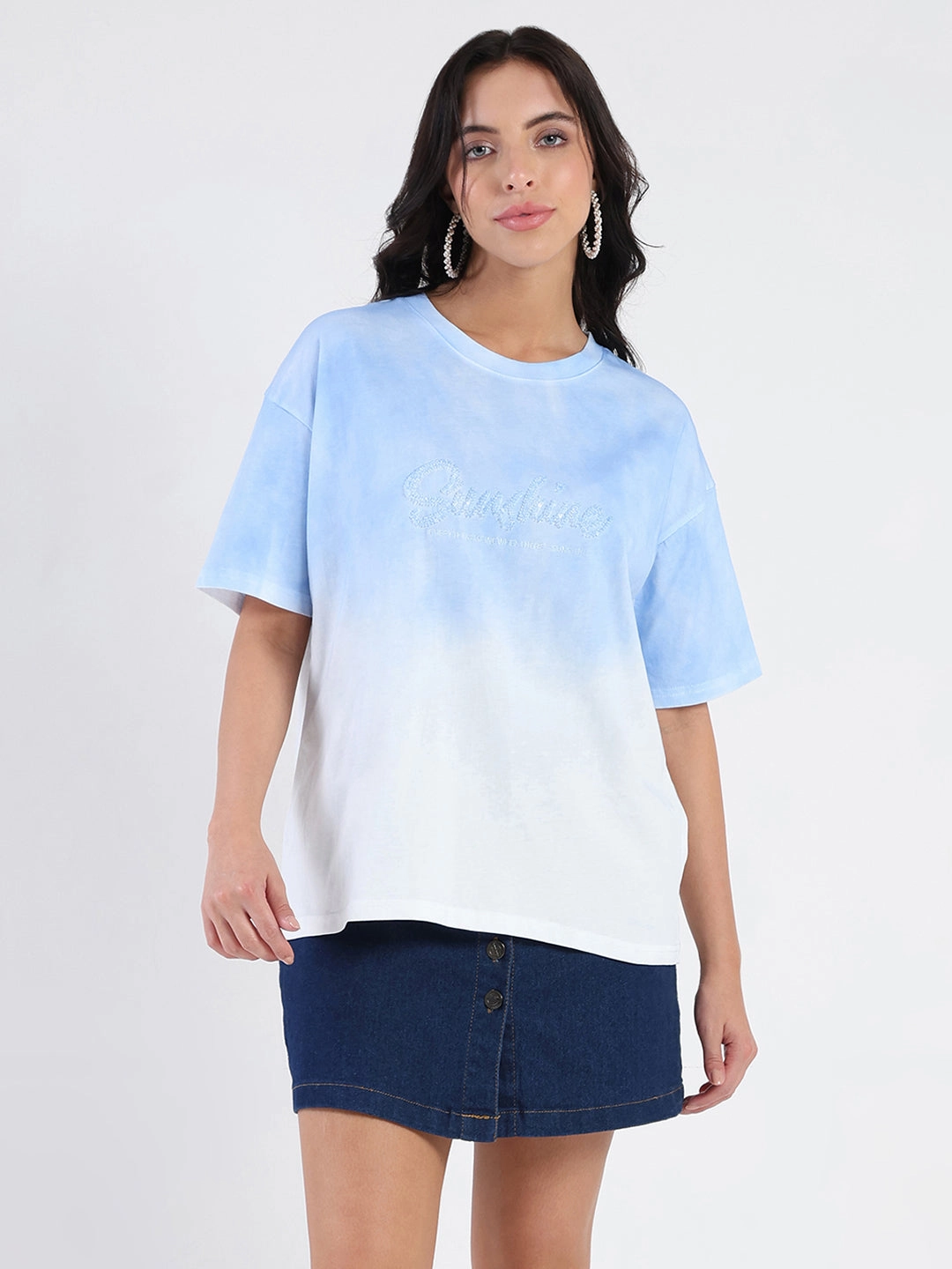 Madame Ombre Loose Fit Sky Blue Oversize Cotton T-shirt Timeless and Chic Chilly Weather Style