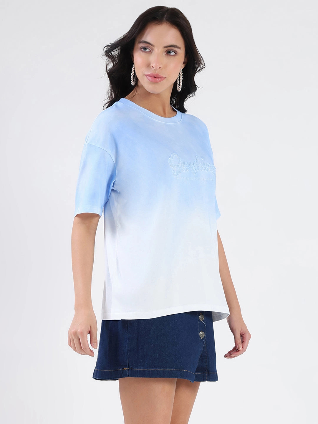 loose fitting Madame Ombre Loose Fit Sky Blue Oversize Cotton T-shirt