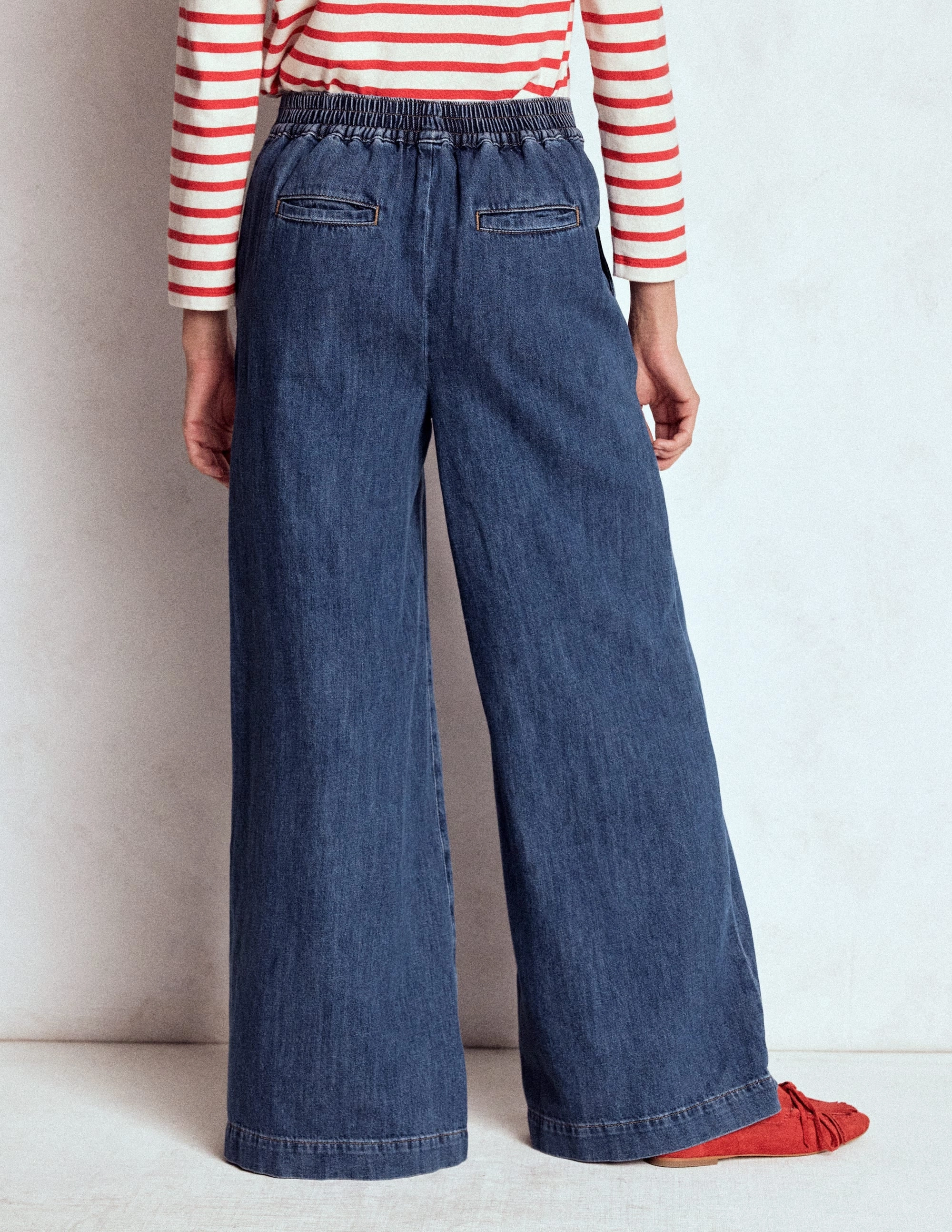Pull-on Denim Trousers-MID WASH No Gap Waist Secure fit