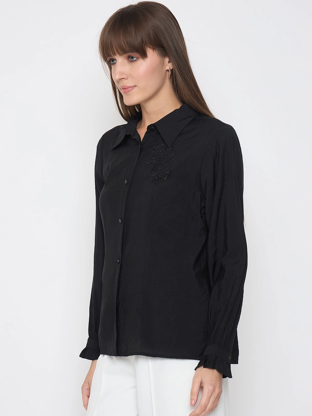 Mountain Escape Madame Nylon Blend Heart Embellished Buttoned Black Shirt
