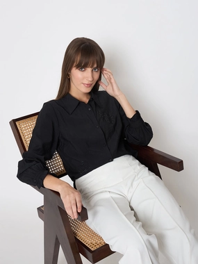 Madame Nylon Blend Heart Embellished Buttoned Black Shirt Inner Layer Street Comfort