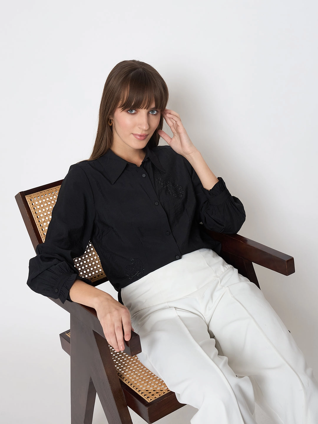 Madame Nylon Blend Heart Embellished Buttoned Black Shirt Inner Layer Street Comfort