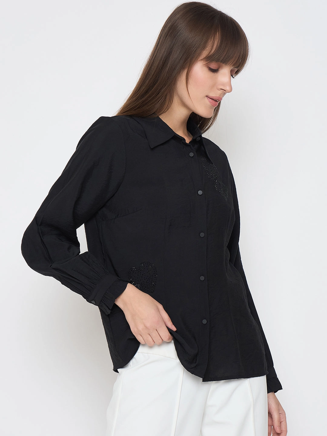 Madame Nylon Blend Heart Embellished Buttoned Black Shirt Cozy Layer color block