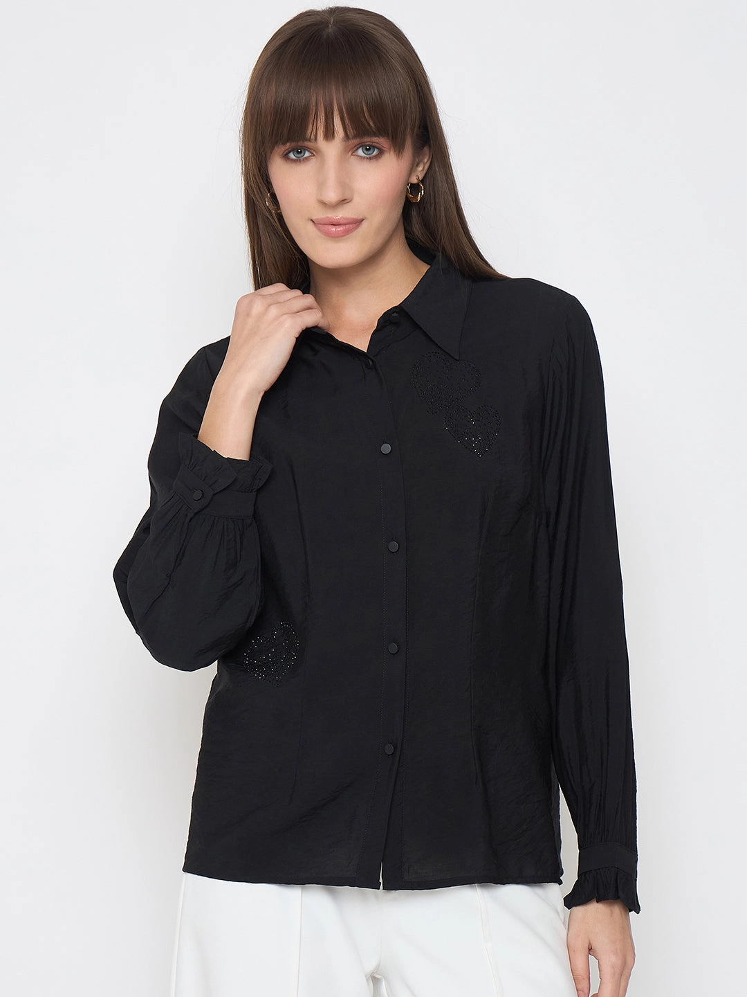 Tall Option Business casual Madame Nylon Blend Heart Embellished Buttoned Black Shirt