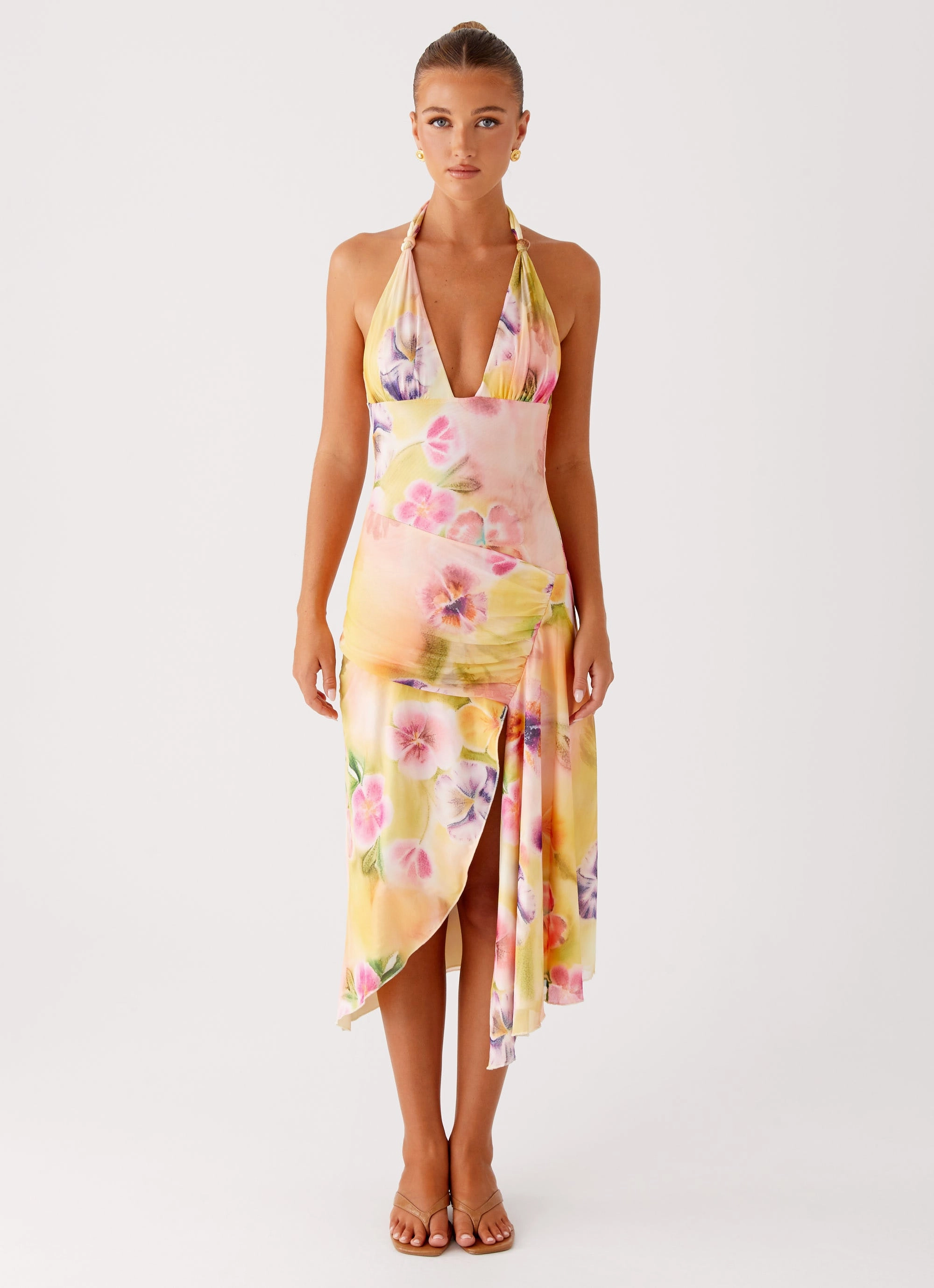 Kayce Midi Dress - Sunburst Floral Open Back Trendy Wearable