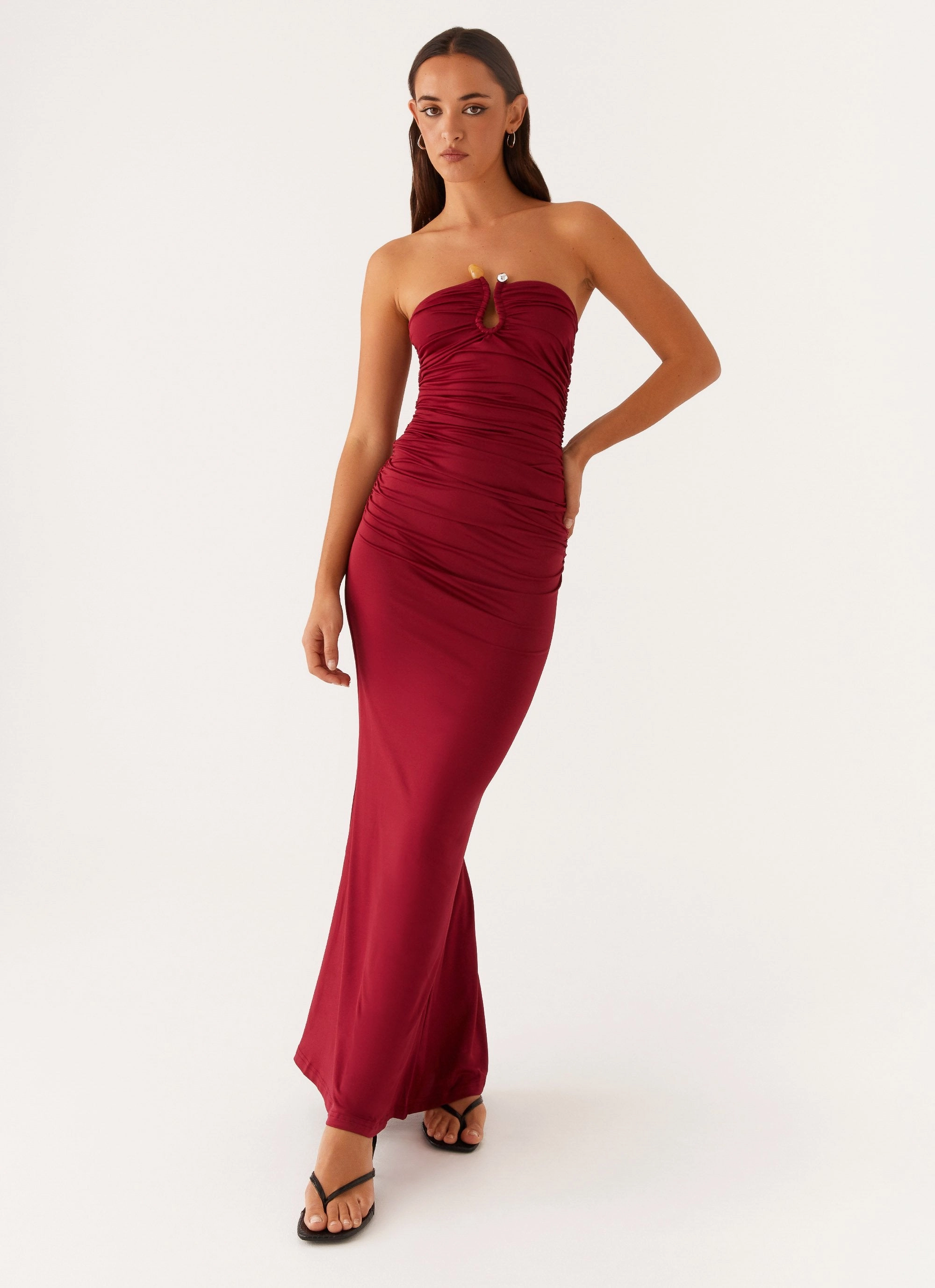 Rudy Maxi Dress - Maroon Front Ruffle