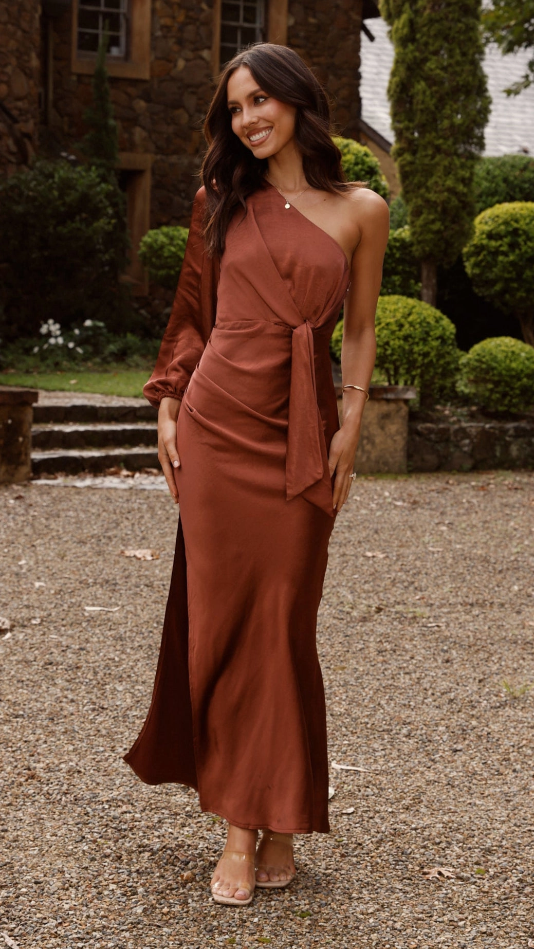 Tassel-Detail Go To Wear Eden One Shoulder Tie Front Maxi Dress - Rust