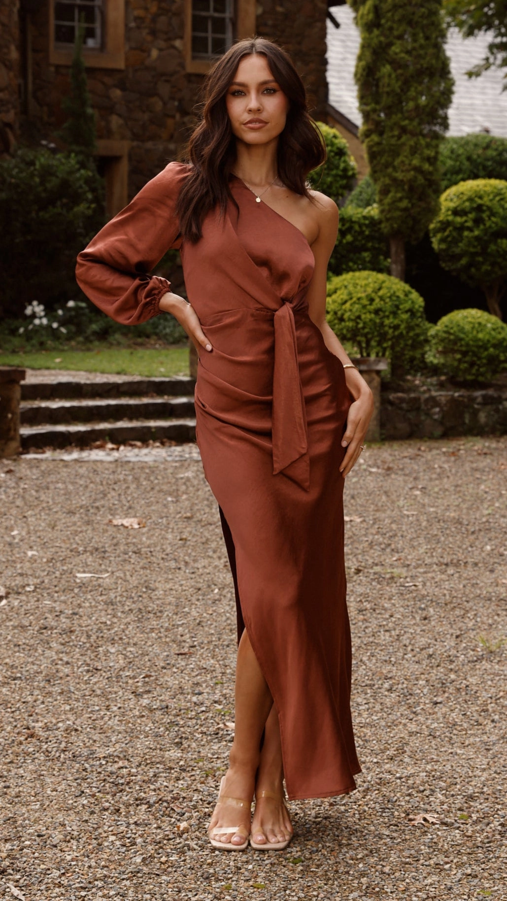 Move Free Eden One Shoulder Tie Front Maxi Dress - Rust
