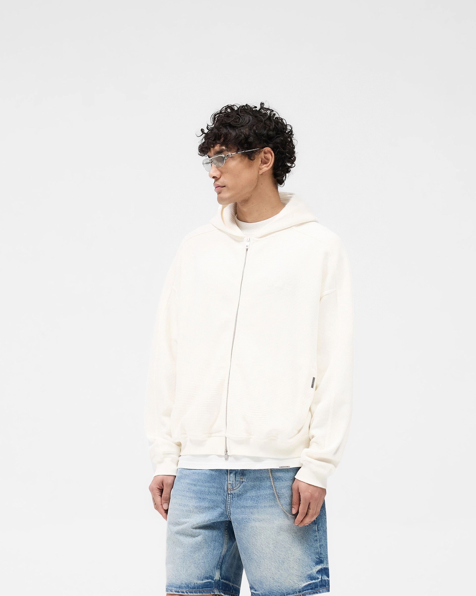 French Terry Cloth Waffle Zip Through Hoodie - Flat White
