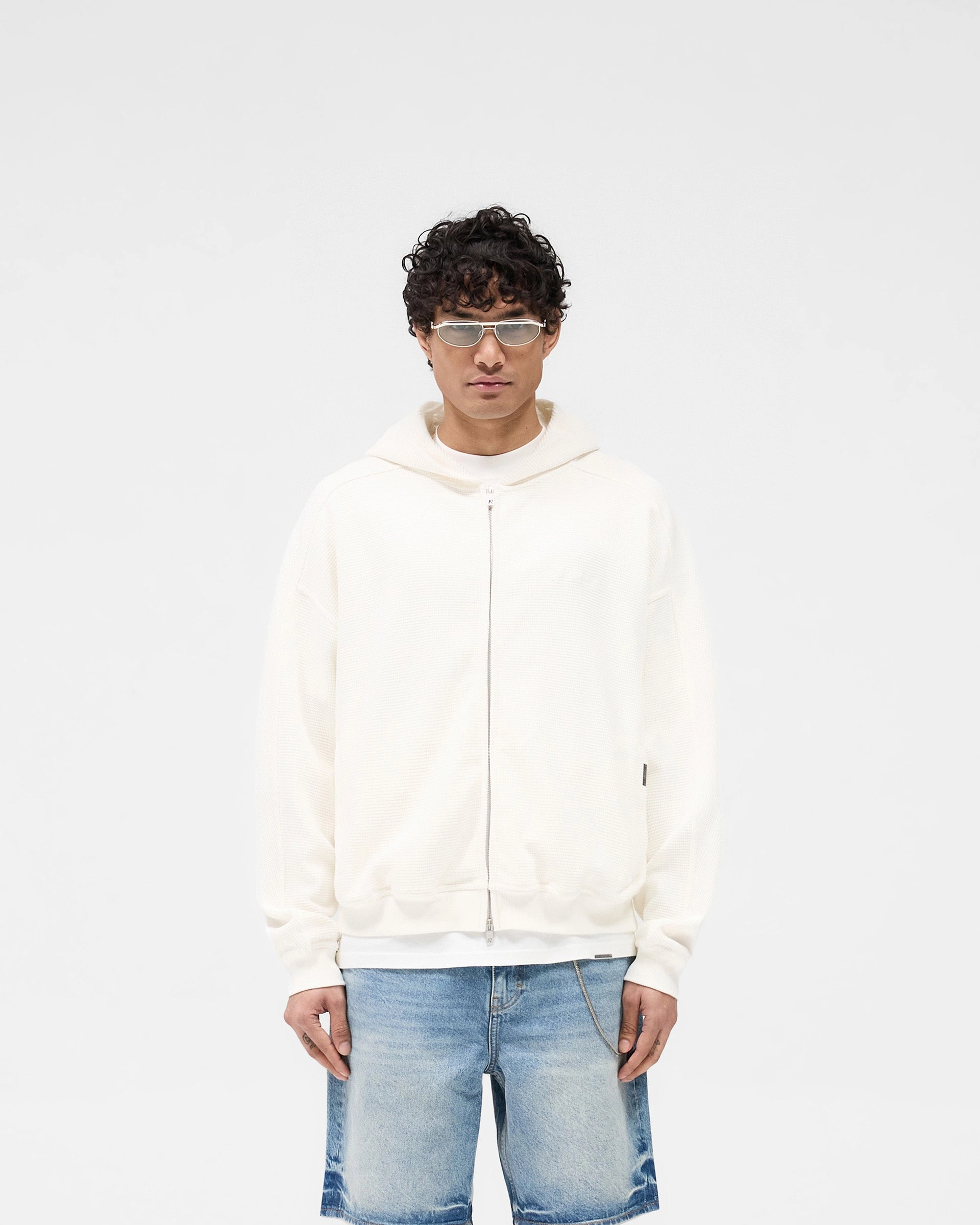 Bold Street Flexible Fabric Waffle Zip Through Hoodie - Flat White
