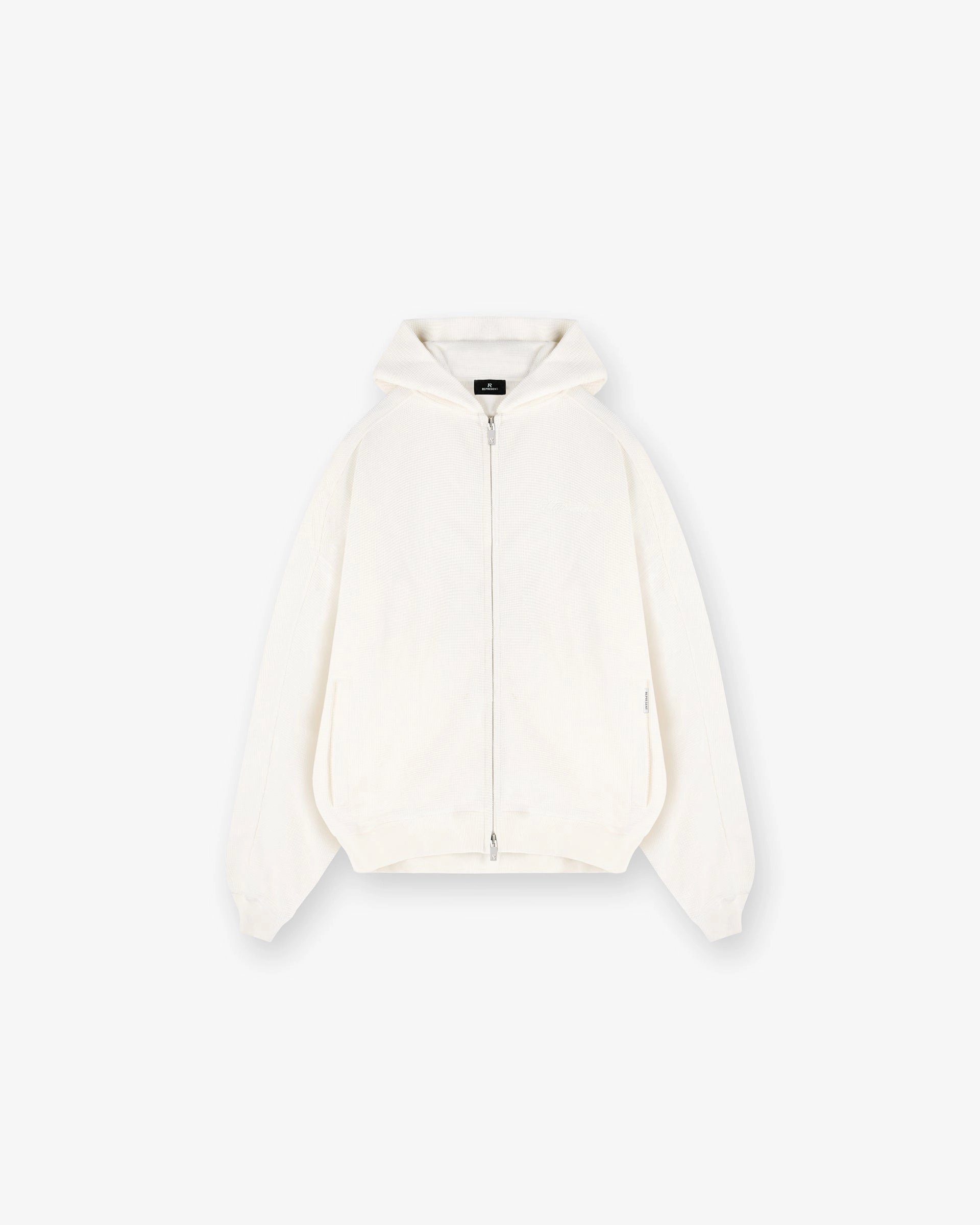 High Neck Collar Garment Dyed Finish Waffle Zip Through Hoodie - Flat White