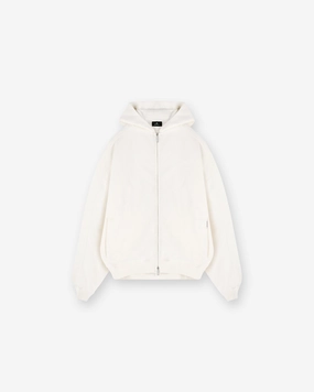 High Neck Collar Garment Dyed Finish Waffle Zip Through Hoodie - Flat White