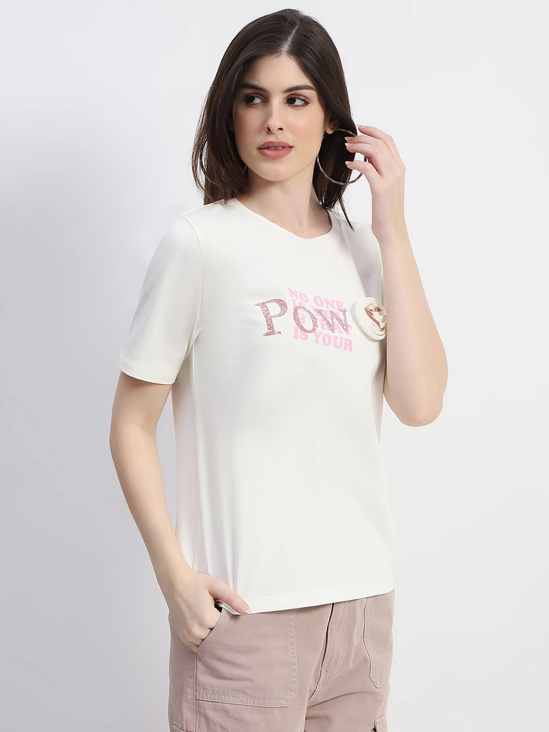Madame Typography Print Off White Cotton T-Shirt Layered Look Wear