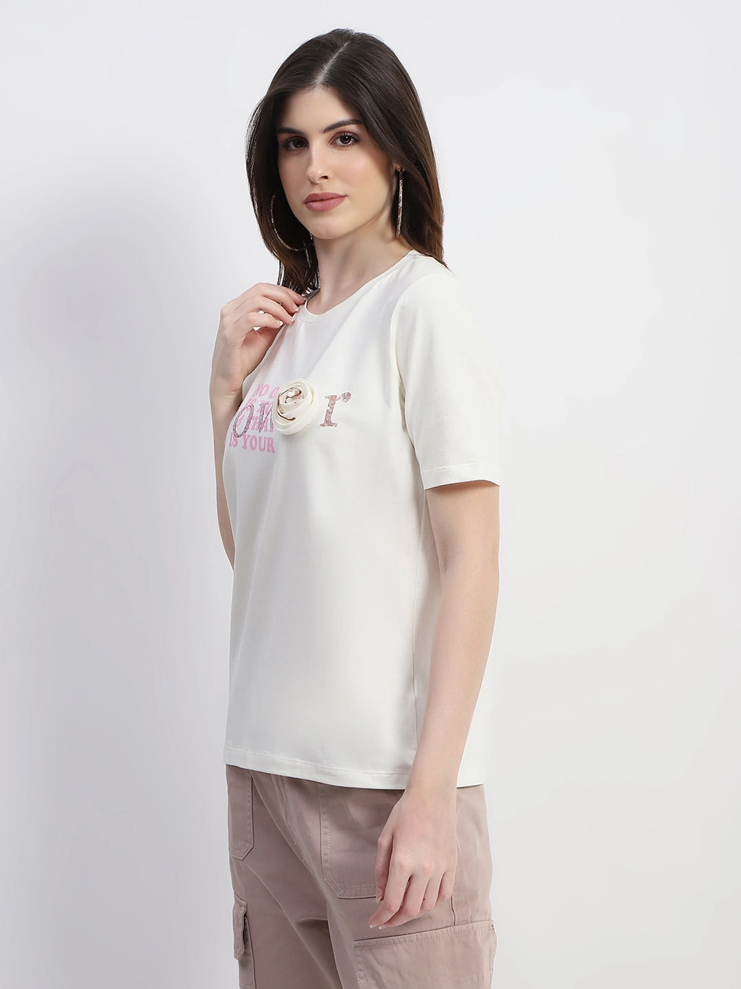 Madame Typography Print Off White Cotton T-Shirt Wrinkle Resistant SoftTouchFinish