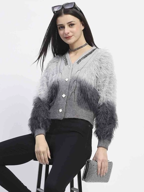 Relaxed Silhouette Flexible Design Madame Embellished Ombre V Neck Grey Sweater