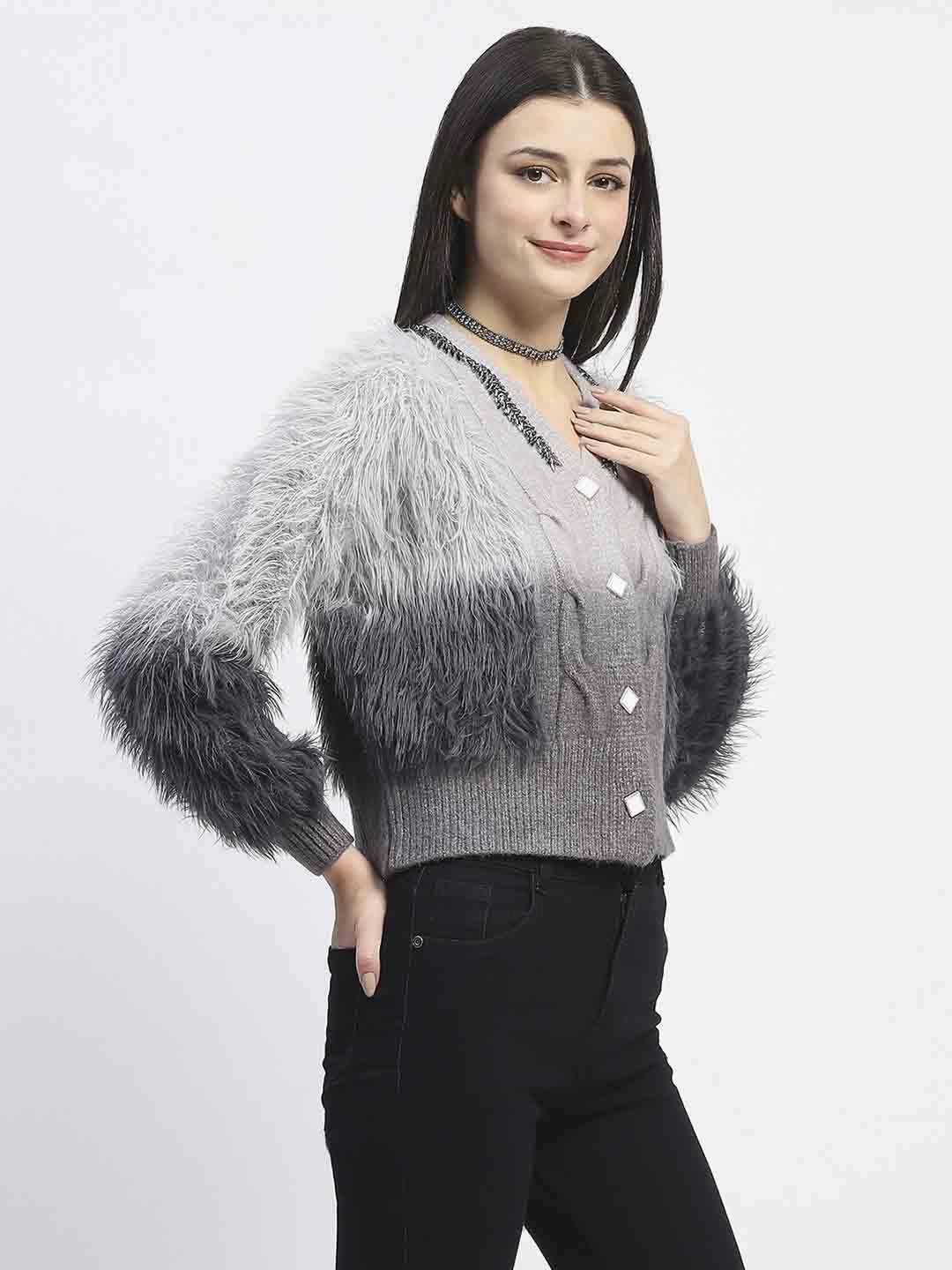 Madame Embellished Ombre V Neck Grey Sweater Cozy Lining Colorfast Dye Method