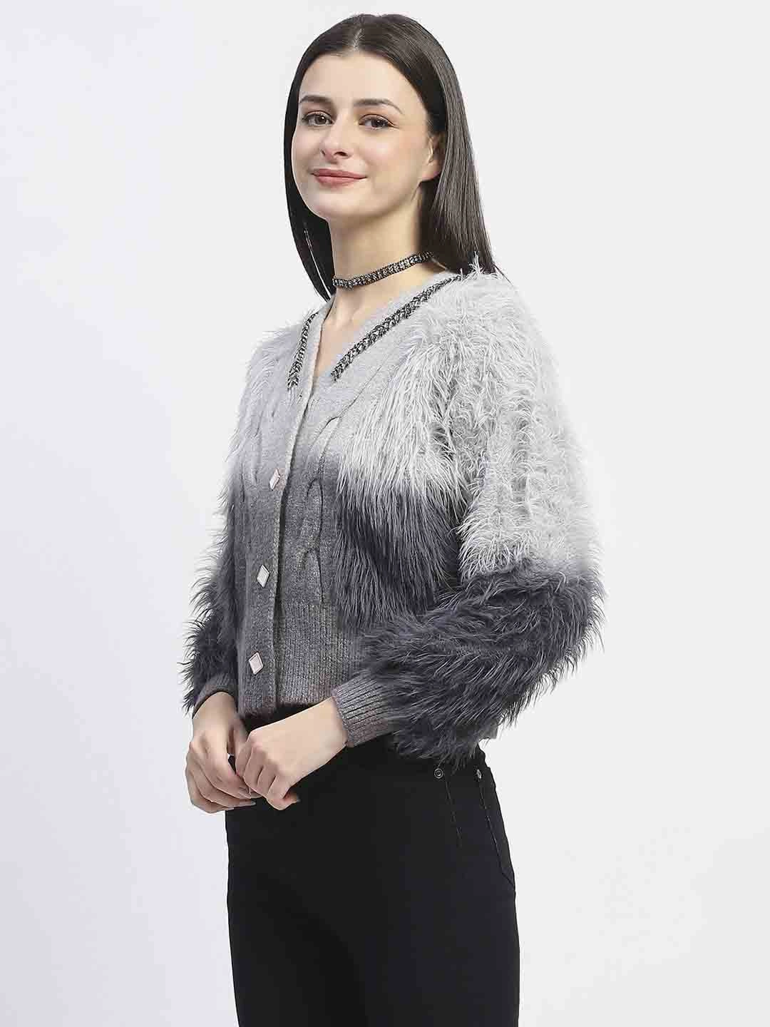 Urban Style Warm Hug Madame Embellished Ombre V Neck Grey Sweater